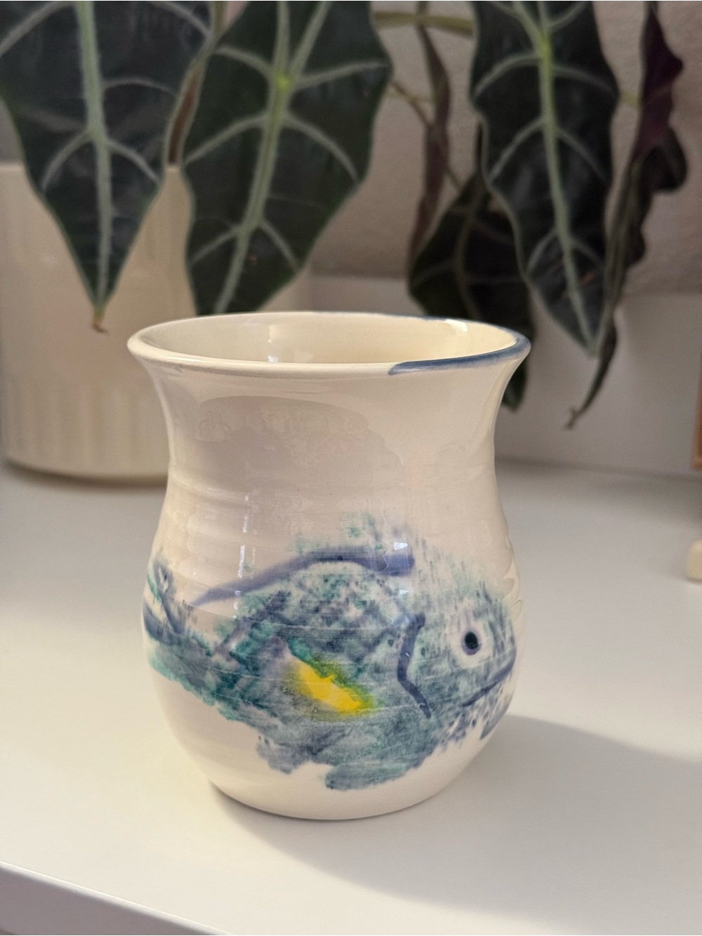 Hand-Painted Studio Pottery Fish Vase in Cream and Blue
